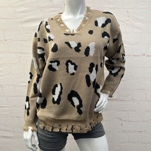 Xisoxu Women's long sleeve leopard print V-neck knit Brown loose pullover Sz 2XL